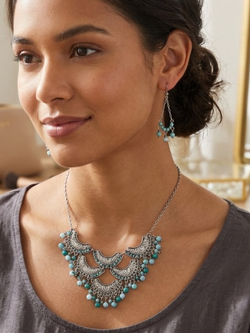 Bohemian Turquoise Beaded Bib Necklace and Earrings Set